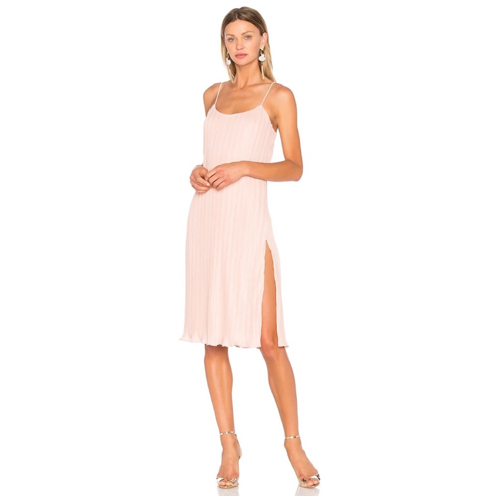 NBD Revolve Wynonna spaghetti strap pleated pink nude midi dress with high slits